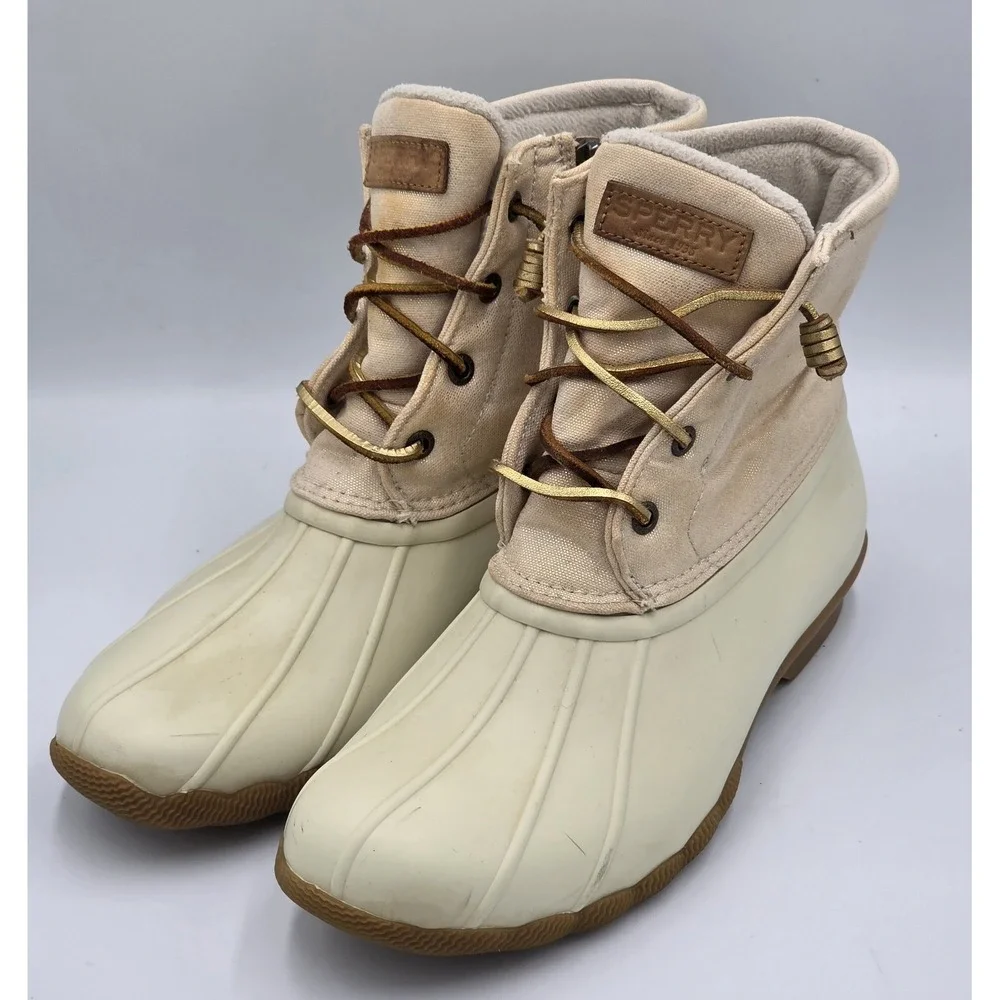 Sperry Waterproof Duck Booties Saltwater Canvas Oat/Gold‎ STS80493 Wmns Size 9